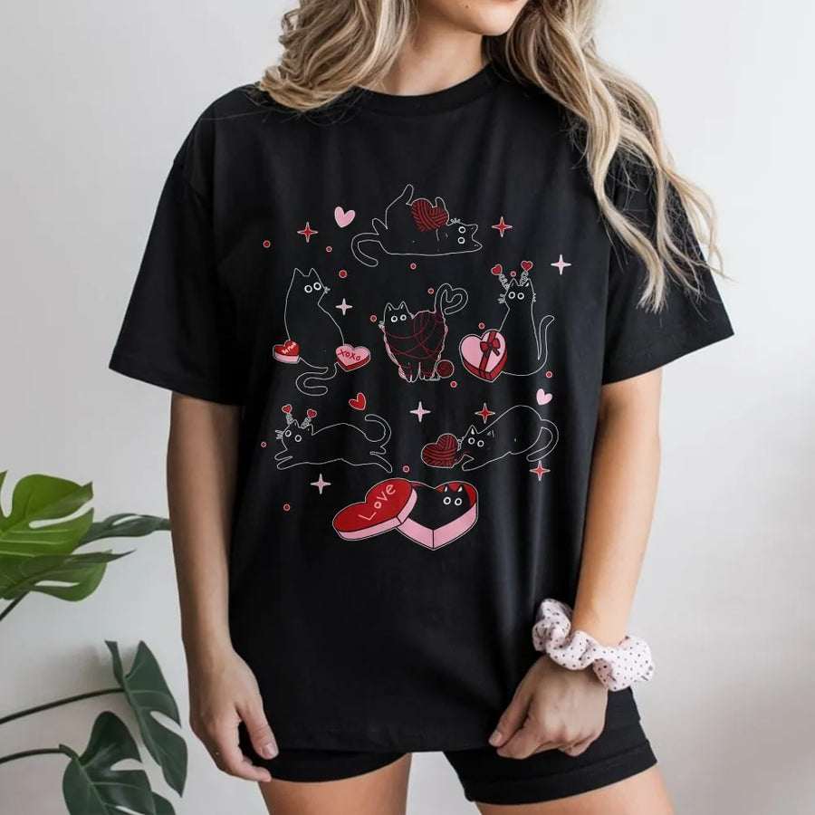 Valentine Black Cat T-Shirt | Cute Kitten Hearts Graphic Design | Premium 100% Cotton Apparel | Romantic Cat Mom Gift Idea for Her