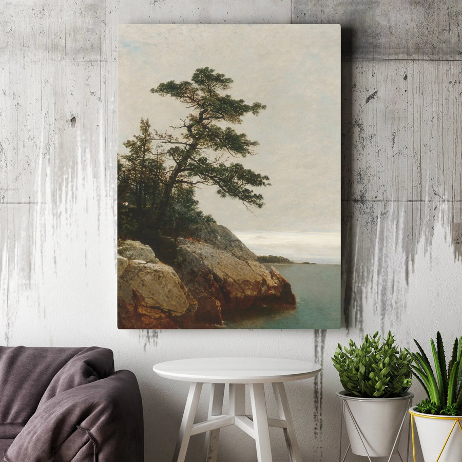 Coastal Pine Tree Landscape Canvas | Moody Rocky Shore Wall Art | Premium Gallery Wrapped Print | Nature Lover Home Decor Gift