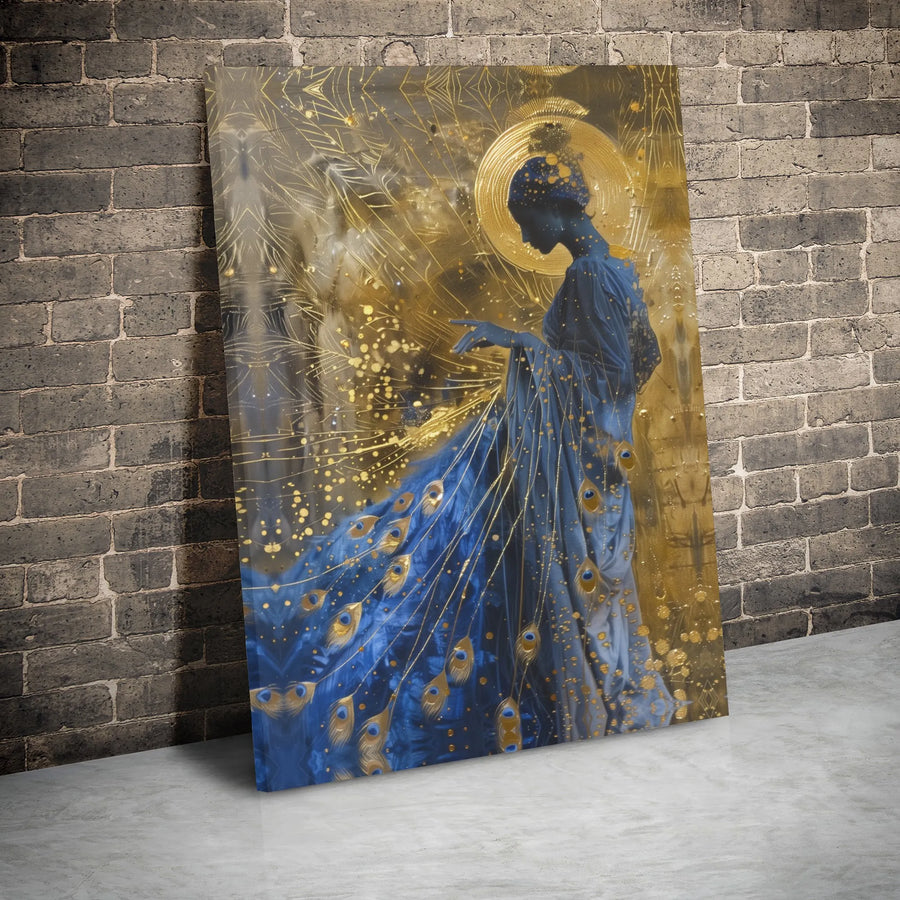 Peacock Goddess Wall Art | Gold Halo Abstract Portrait | Premium Stretched Canvas Print | Elegant Home Decor Gift for Her