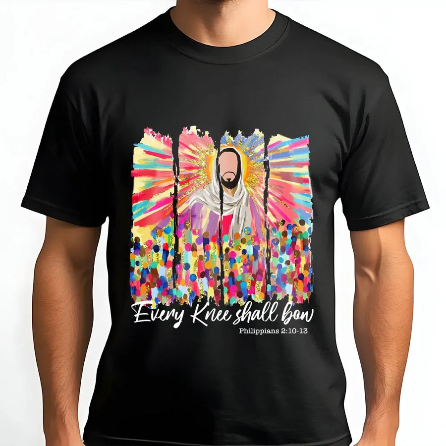 Every Knee Shall Bow T-Shirt | Jesus Christ Colorful Artistic Faith Graphic | 100% Cotton Premium Tee | Christian Religious Gift for Men and Women