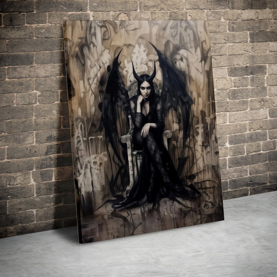 Gothic Demon Queen Canvas Print | Dark Fantasy Fallen Angel Wall Art | Premium 1.25-Inch Gallery Wrap | Spooky Home Decor Gift for Goth Enthusiasts