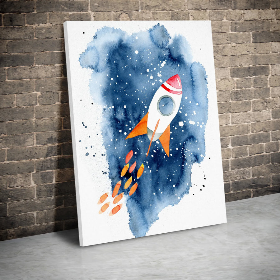 Rocket Ship Vertical Canvas | Watercolor Galaxy Art | Premium 1.25" Thick Gallery Wrap | Kids Nursery & Boys Room Decor Gift