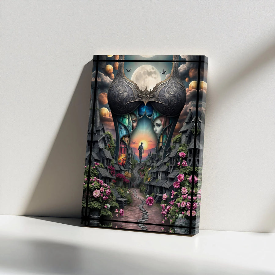 Surreal Fantasy Canvas Print | Corset Illusion with Gothic Village Art | Premium Thick Gallery Wrap | Unique Home Decor Gift for Fantasy Lovers