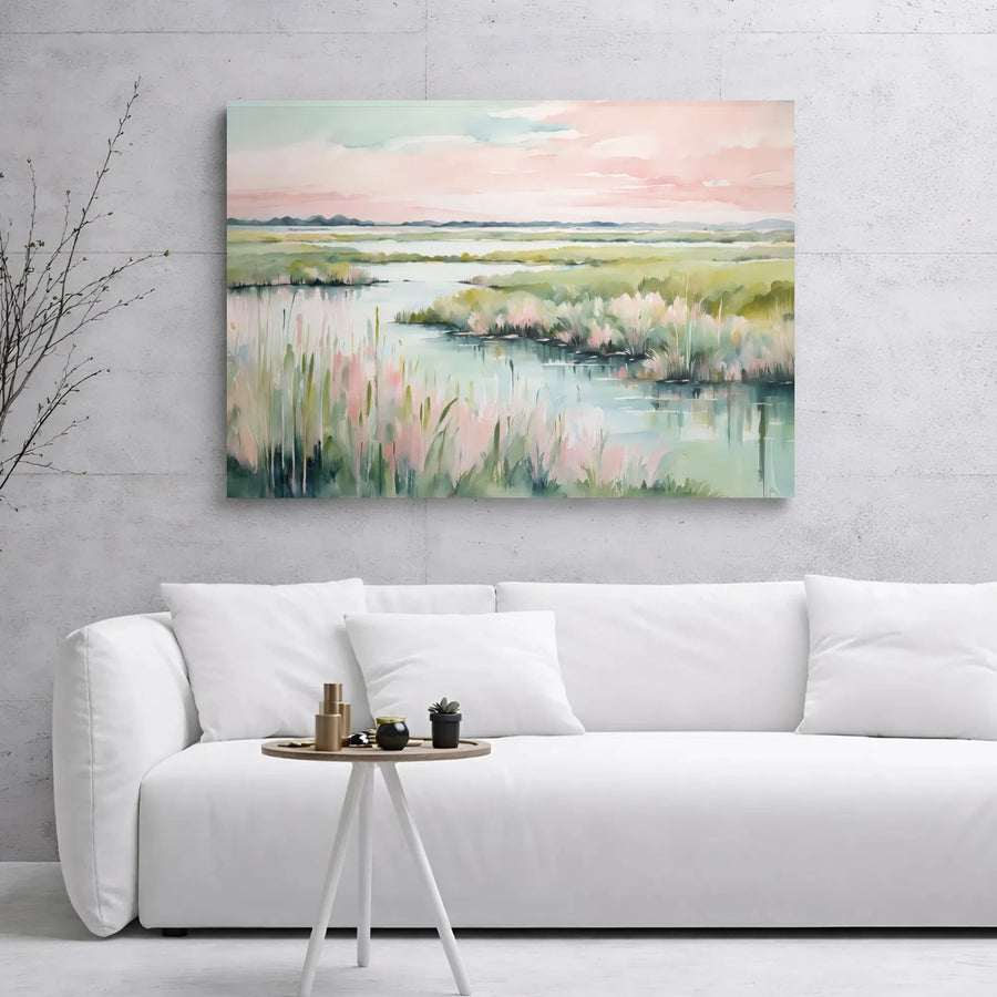 Watercolor Marsh Landscape Canvas | Pink Sky Coastal Wall Art | Gallery Wrapped Premium Print | Tranquil Nature Decor for Home and Office