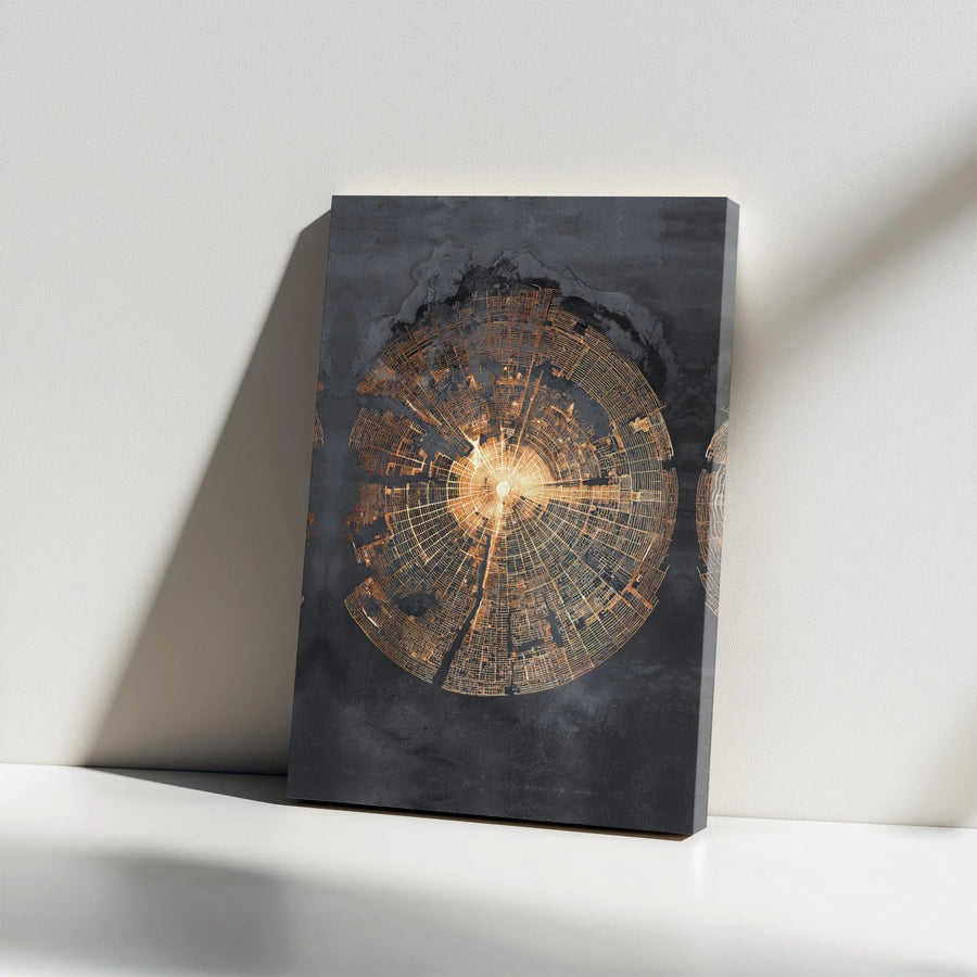 Abstract Radial City Map Canvas | Futuristic Gold Labyrinth Print | Premium Gallery Wrapped Wall Art | Modern Home & Office Decor Gift