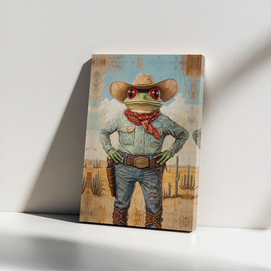 Western Cowboy Frog Canvas Print | Desert Outlaw Anthropomorphic Animal Art | Premium Gallery Wrap Decor | Quirky Wall Art Gift for Men