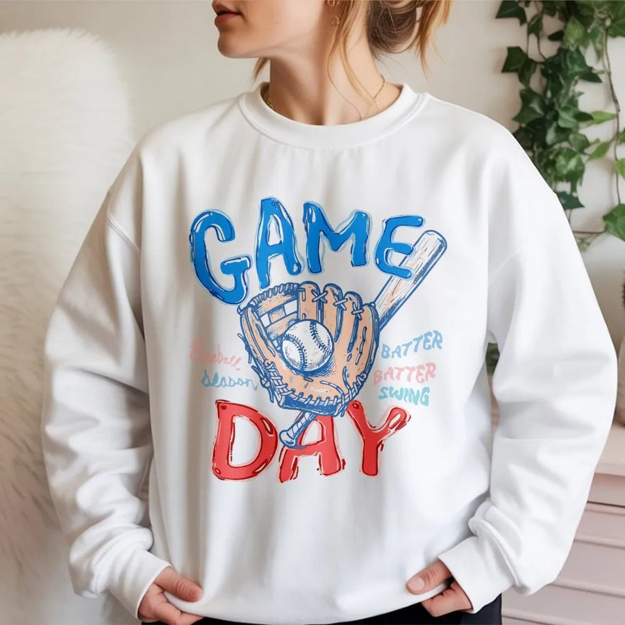 Game Day Baseball Sweatshirt | Doodle Sketch Graphic Pullover | Soft Cotton Blend | Gift for Sports Mom Fan