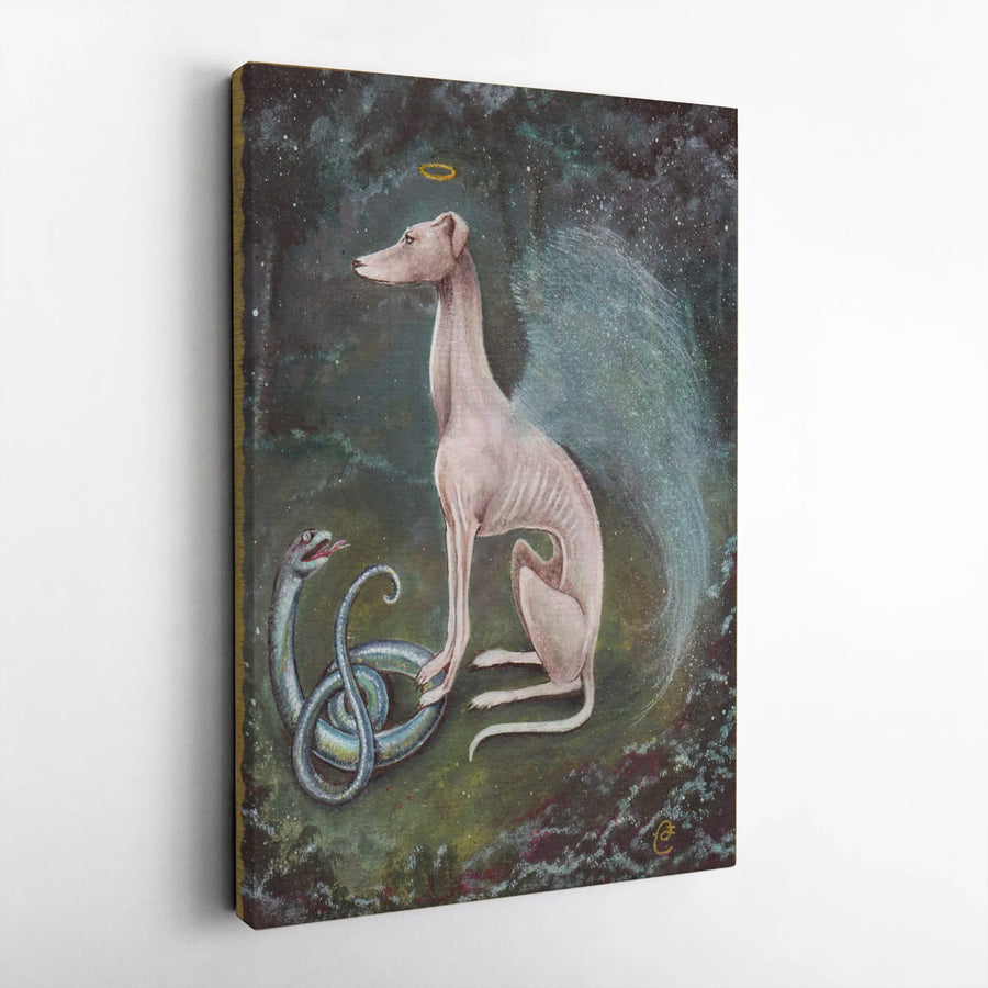 Saint Guinefort Canvas Print | Holy Greyhound with Halo & Snake Wall Art | Premium Gallery Wrapped Canvas | Unique Religious Folk Art Decor Gift