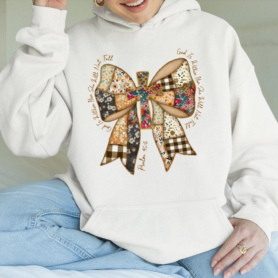God Is Within Her Hoodie | Psalm 46:5 Patchwork Bow Cross Design | Premium Cotton Blend | Christian Faith Gift for Women & Teens