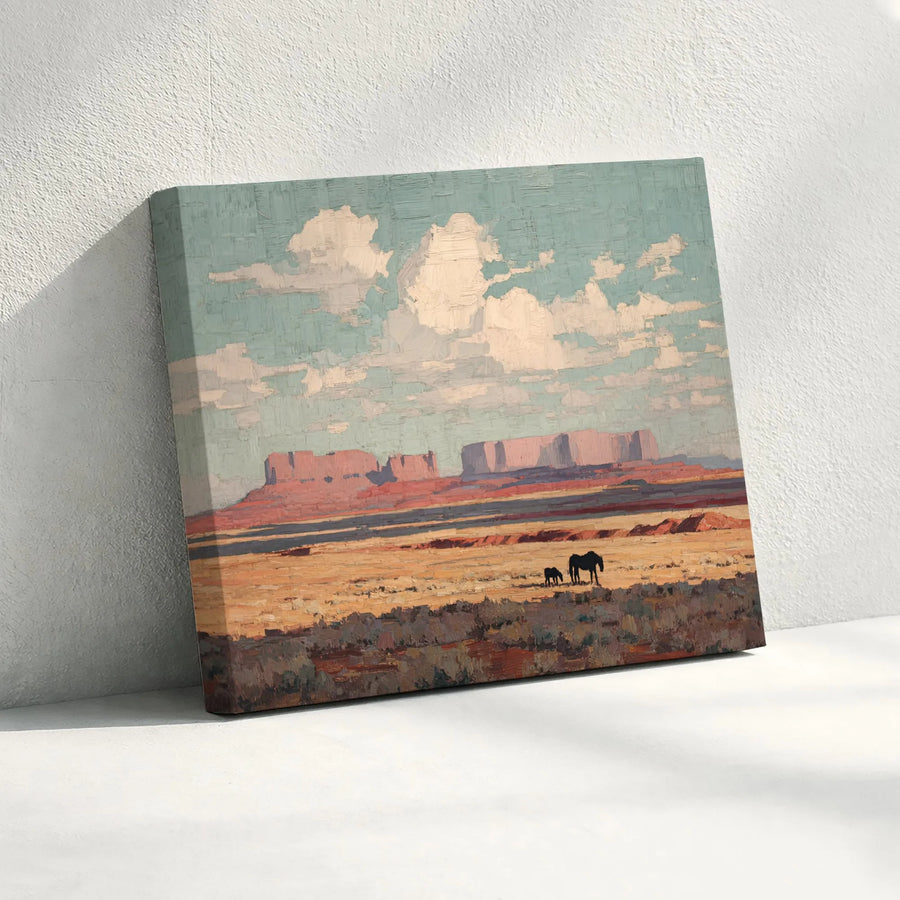 Southwestern Desert Canvas Wall Art | Painterly Western Landscape with Horses | Premium Gallery Wrapped Canvas | Rustic Farmhouse Living Room Decor