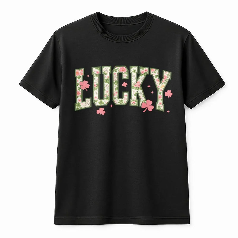 Lucky Shamrock T-Shirt | Floral Varsity Lettering Graphic | Soft 100% Cotton Premium Tee | Cute St. Patrick’s Day Gift for Women