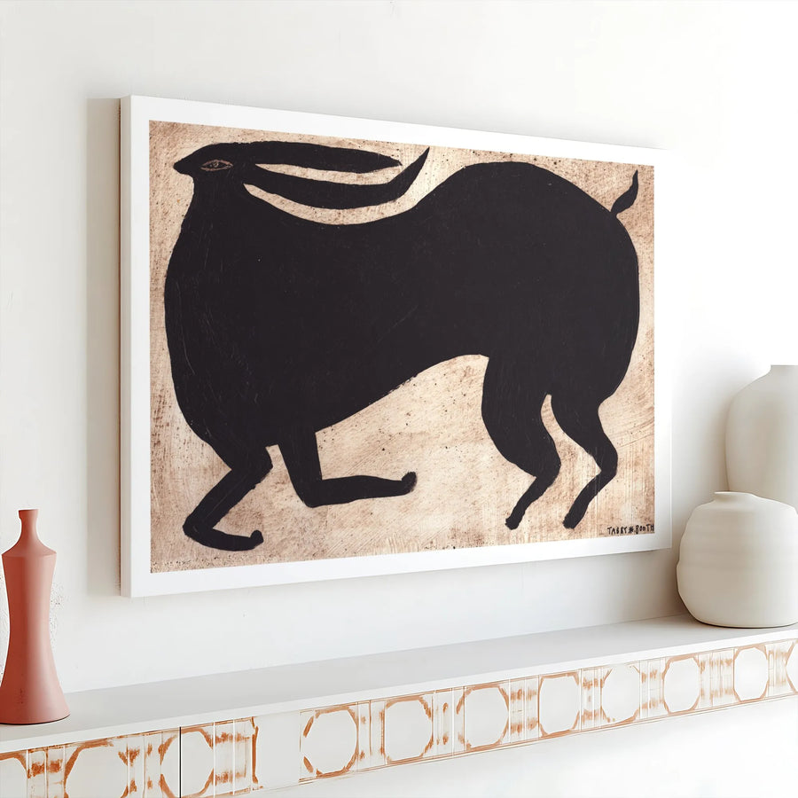Black Hare Canvas Wall Art | Primitive Folk Art Rabbit Print | Premium Gallery Wrapped Decor | Modern Rustic Home Gift