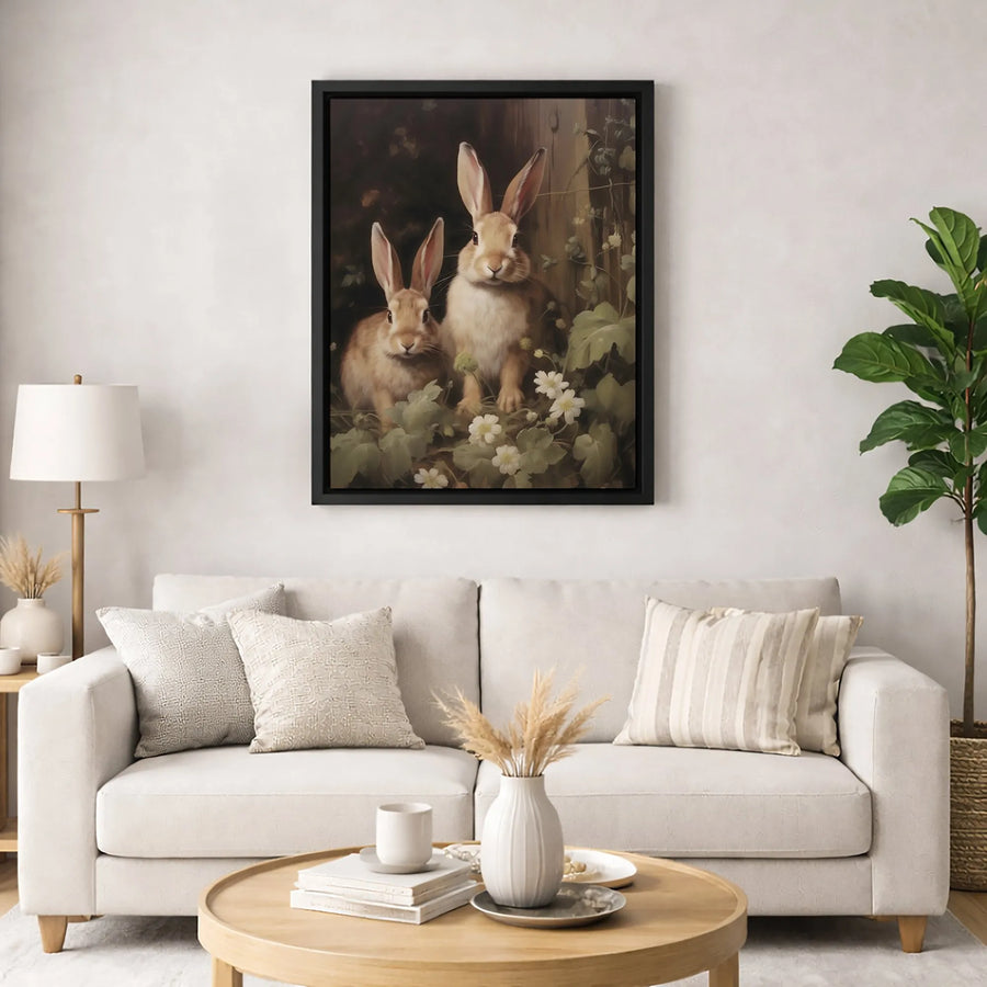 Rabbit Canvas Wall Art | Whimsical Woodland Bunny Pair Painting | Premium Fade-Resistant Gallery Wrap | Charming Farmhouse Home Decor