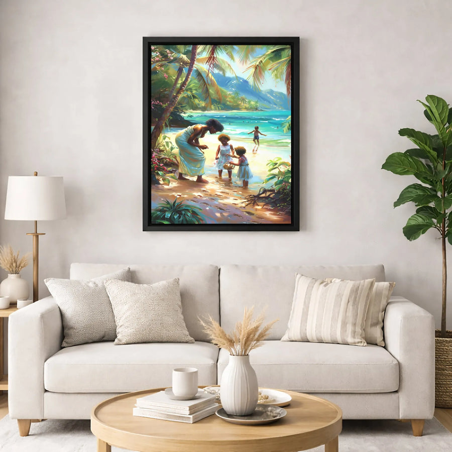 Black Mother and Daughters Canvas Print | Tropical Beach Family Scene | Premium Gallery-Wrap Art | Meaningful Gift for Mom