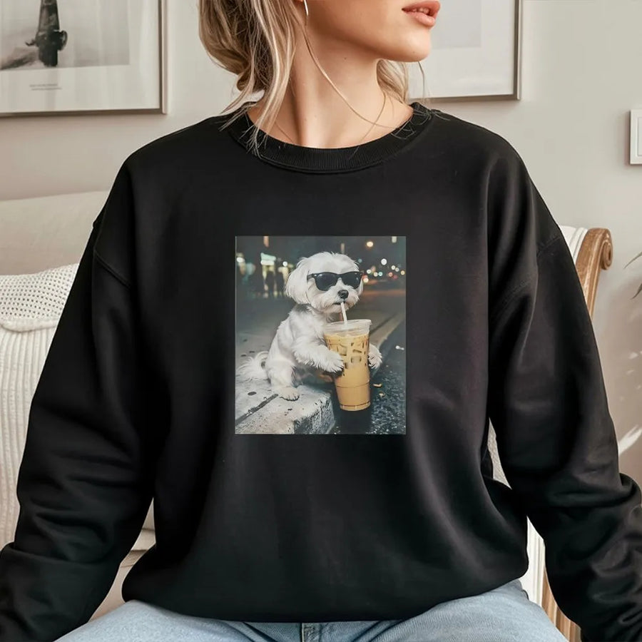 Funny Maltese Dog Sweatshirt | Dog with Sunglasses Drinking Coffee | Soft Unisex Pullover | Premium Gift for Dog Mom & Coffee Lover