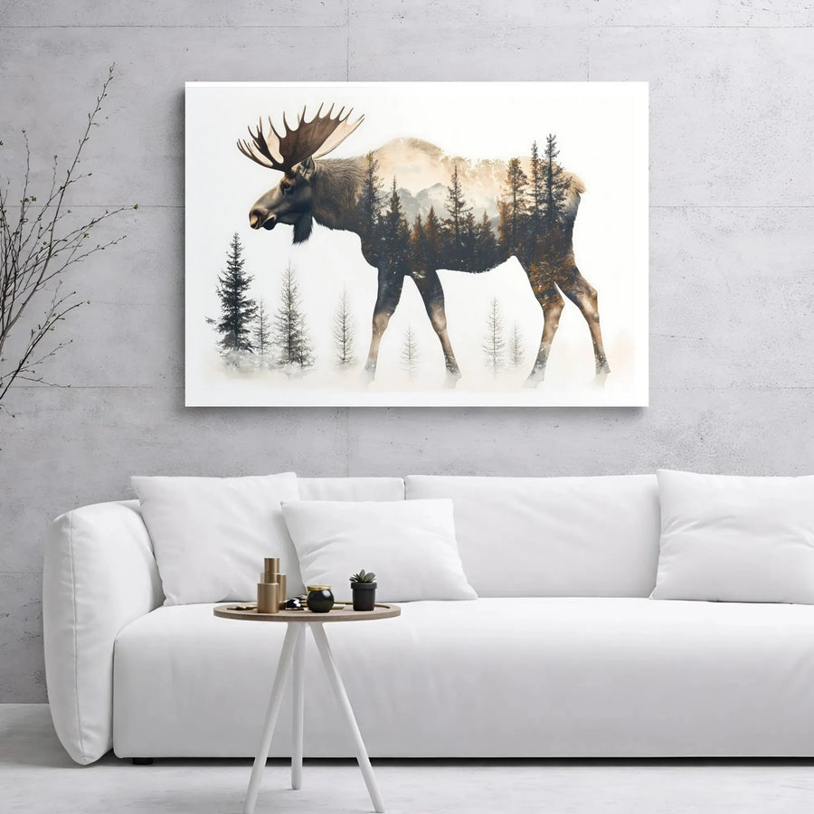 Moose Double Exposure Canvas Art | Mountain Forest Silhouette Wall Decor | Premium Gallery Wrap Print | Nature Lover Gift for Cabin Home
