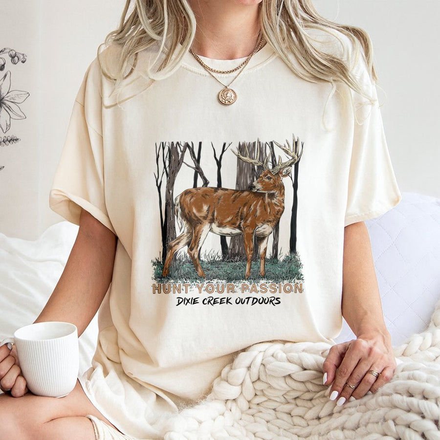 Buck Deer Hunting T-Shirt | Hunt Your Passion Forest Graphic | Premium 100% Cotton Tee | Gift for Hunter Outdoor Enthusiasts