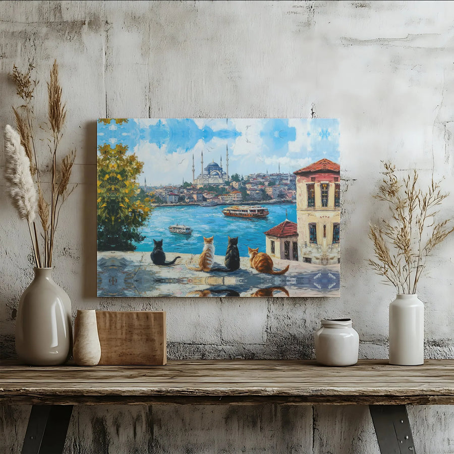 Istanbul Bosphorus Canvas Print | Cats Overlooking Mosque Oil Painting Art | Premium Gallery Wrapped Decor | Travel Gift for Cat Lovers