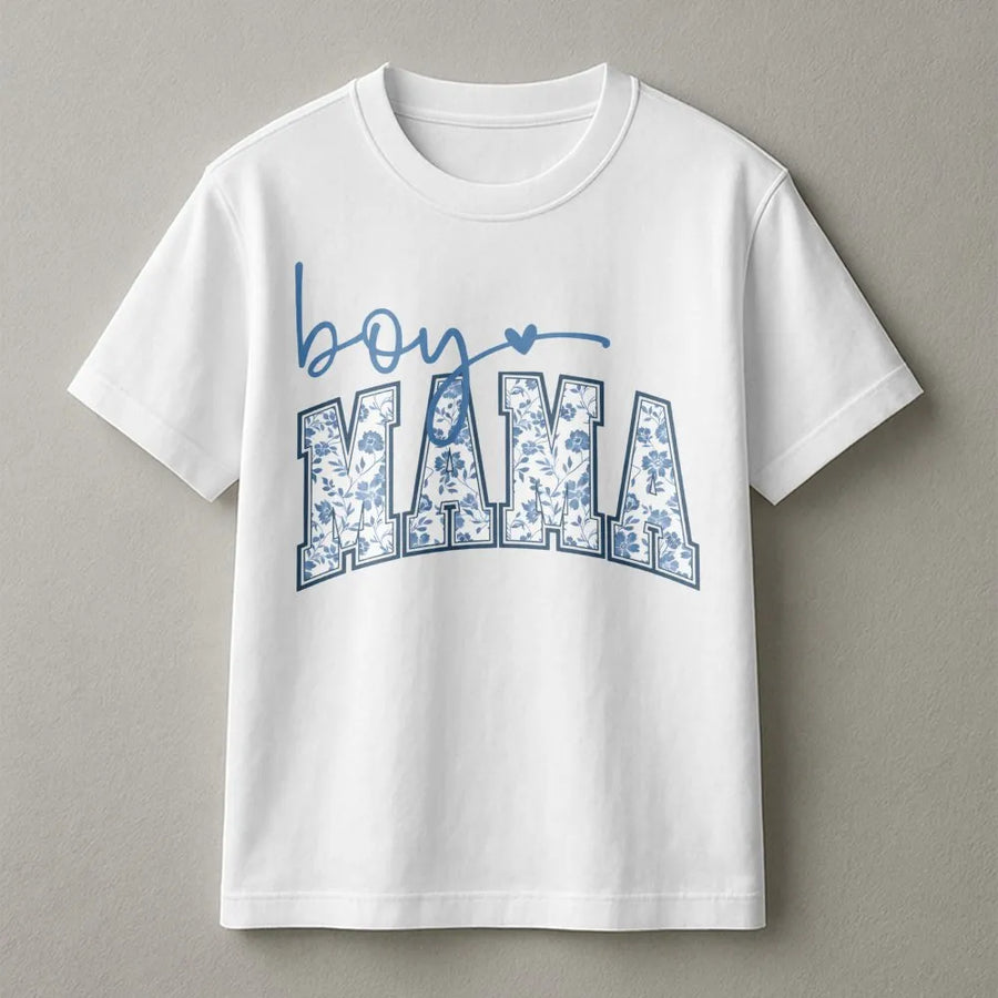 Boy Mama T-Shirt | Floral Varsity Letter Print | Premium Soft Cotton | Stylish Motherhood Gift for New Moms and Baby Shower
