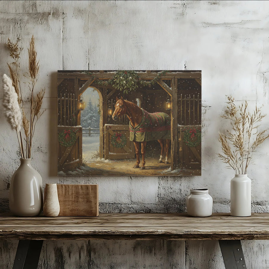 Christmas Horse Stable Wall Art | Snowy Winter Farmhouse Decor | Premium Fade-Resistant Canvas | Holiday Gift for Equestrian Lovers