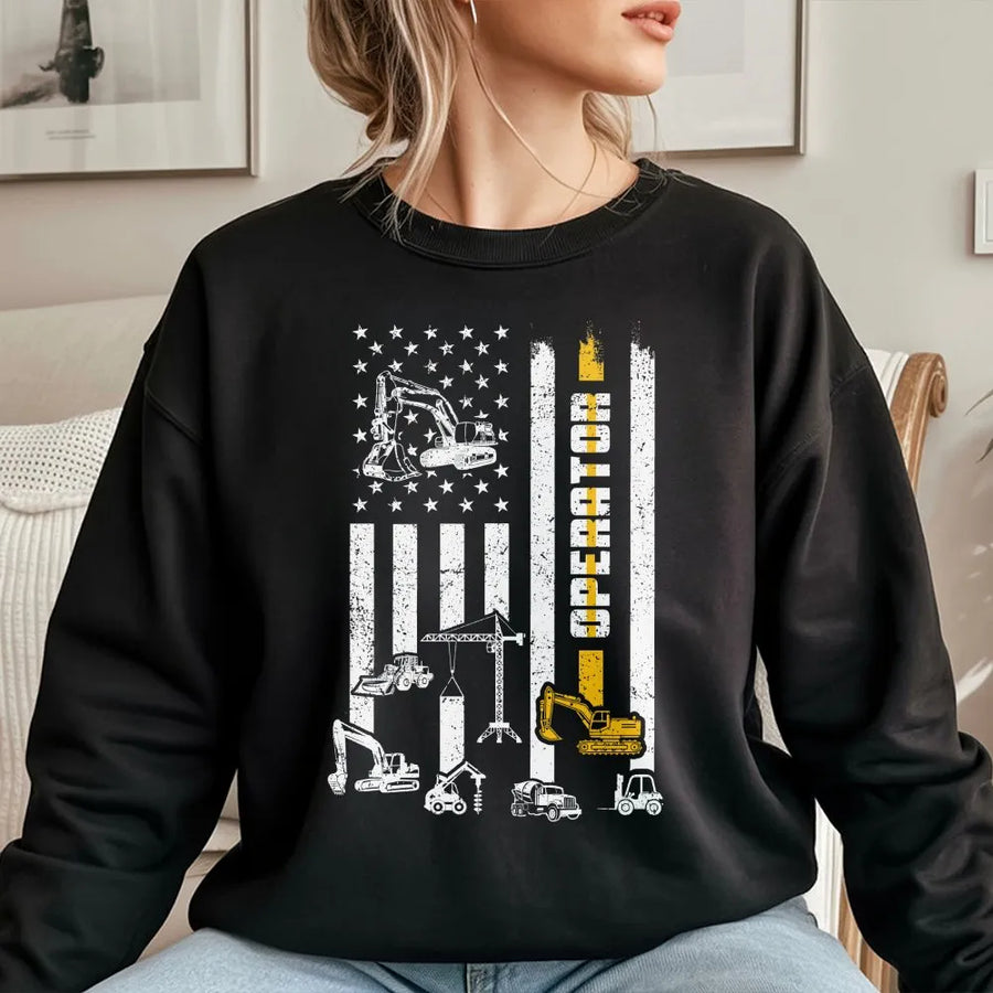 Heavy Equipment Operator Sweatshirt | American Flag Construction Graphic | Premium Cotton Blend Crewneck | Gift for Crane Excavator Driver