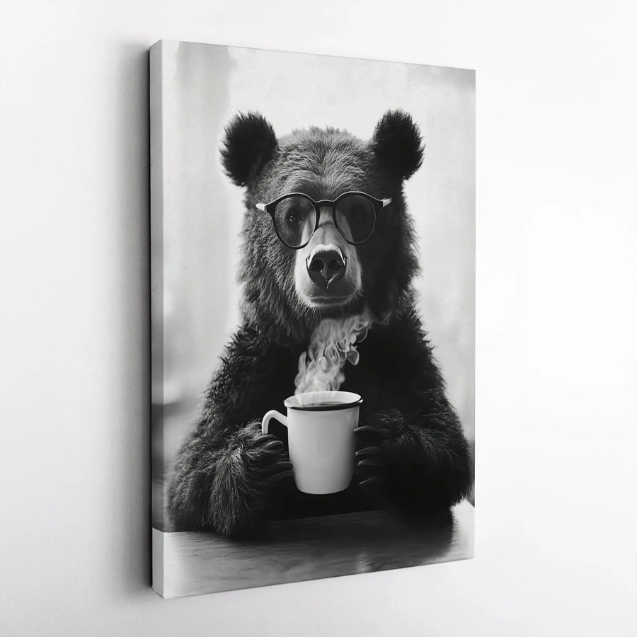 Bear Drinking Coffee Wall Art | Whimsical Animal Portrait With Glasses | Premium Gallery Wrap Canvas | Rustic Home Decor Gift For Coffee Lovers