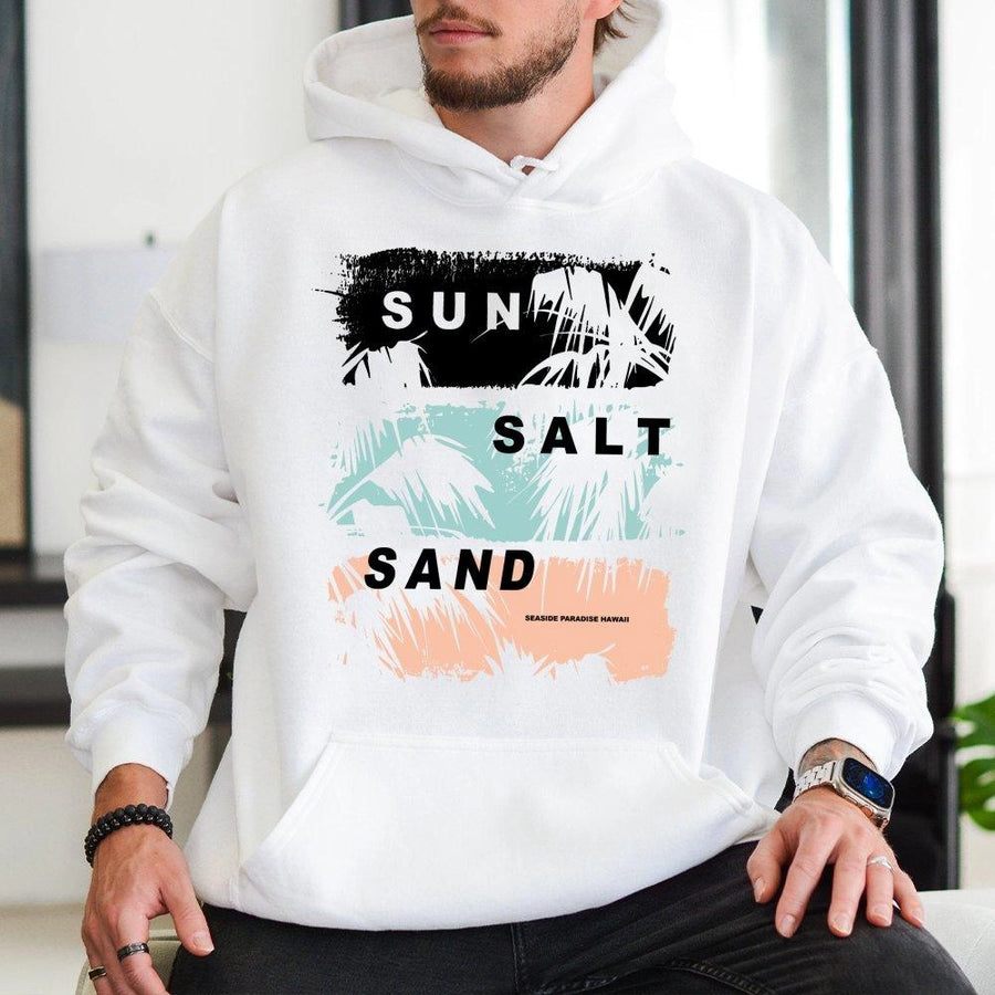 Sun Salt Sand Hoodie | Tropical Palm Tree Graphic Aesthetic | Premium Cotton Blend | Coastal Beach Vacation Gift for Men and Women