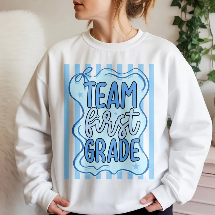 First Grade Teacher Team Shirt | Cute Back to School Striped Design | Premium Soft Cotton Tee | Gift for Elementary Teacher Squad