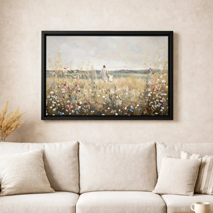 Jesus Walking With Child Canvas | Religious Wildflower Meadow Art | Gallery-Wrapped Premium Wall Decor | Christian Home Gift for Faith