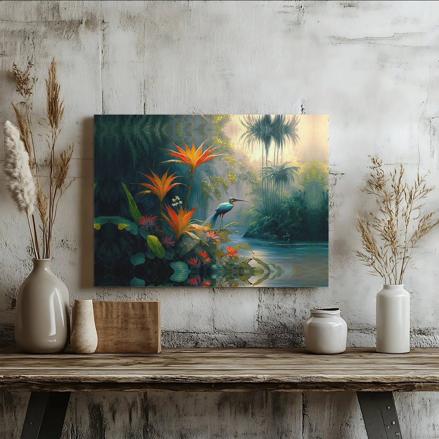 Tropical Rainforest Canvas Wall Art | Exotic Bird & Botanical Flowers Painting | Premium Gallery Wrapped Canvas | Nature Lover Decor Gift