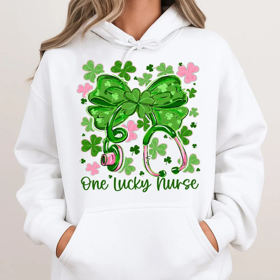 One Lucky Nurse St Patrick's Day Hoodie | Stethoscope Clover Bow Graphic | Premium Cotton-Poly Blend | Gift for Nurses & Nursing Students