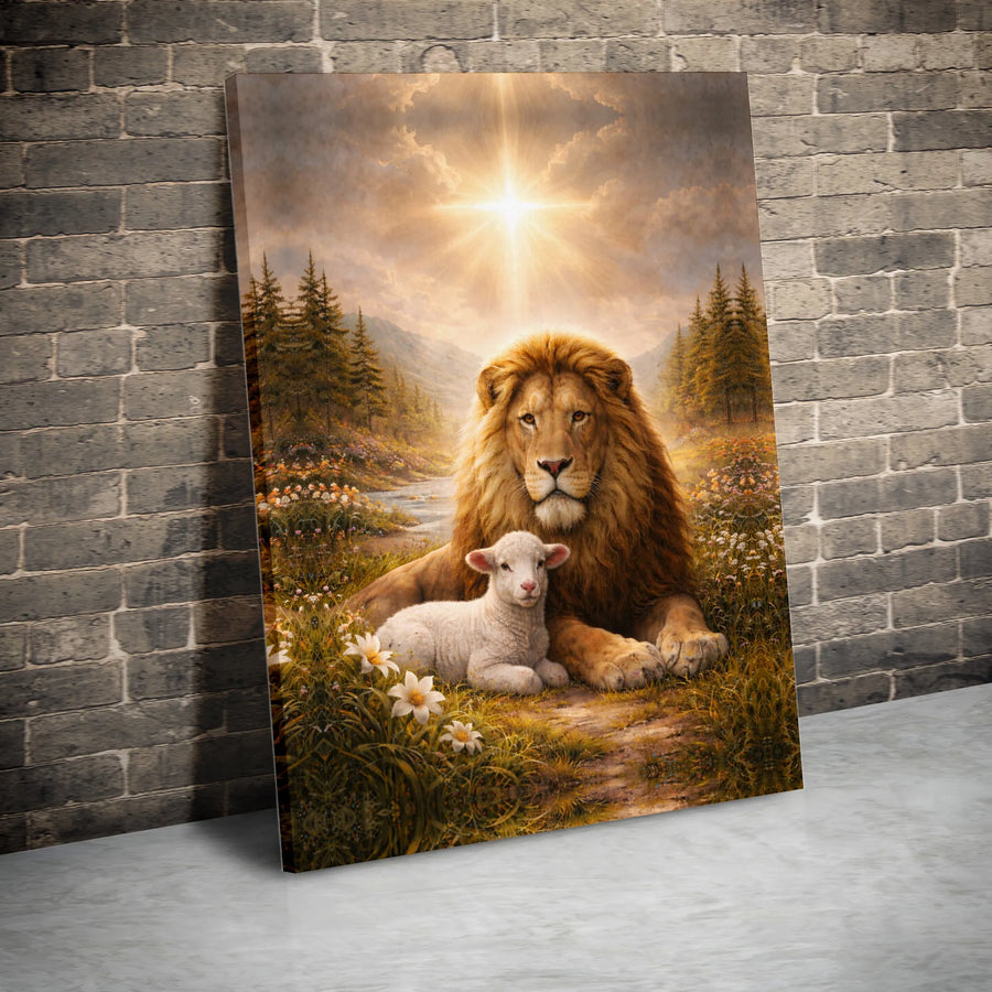 Lion and Lamb Canvas Wall Art | Christian Artwork with Lion of Judah | Premium Gallery Wrap Canvas | Inspirational Religious Home Decor Gift