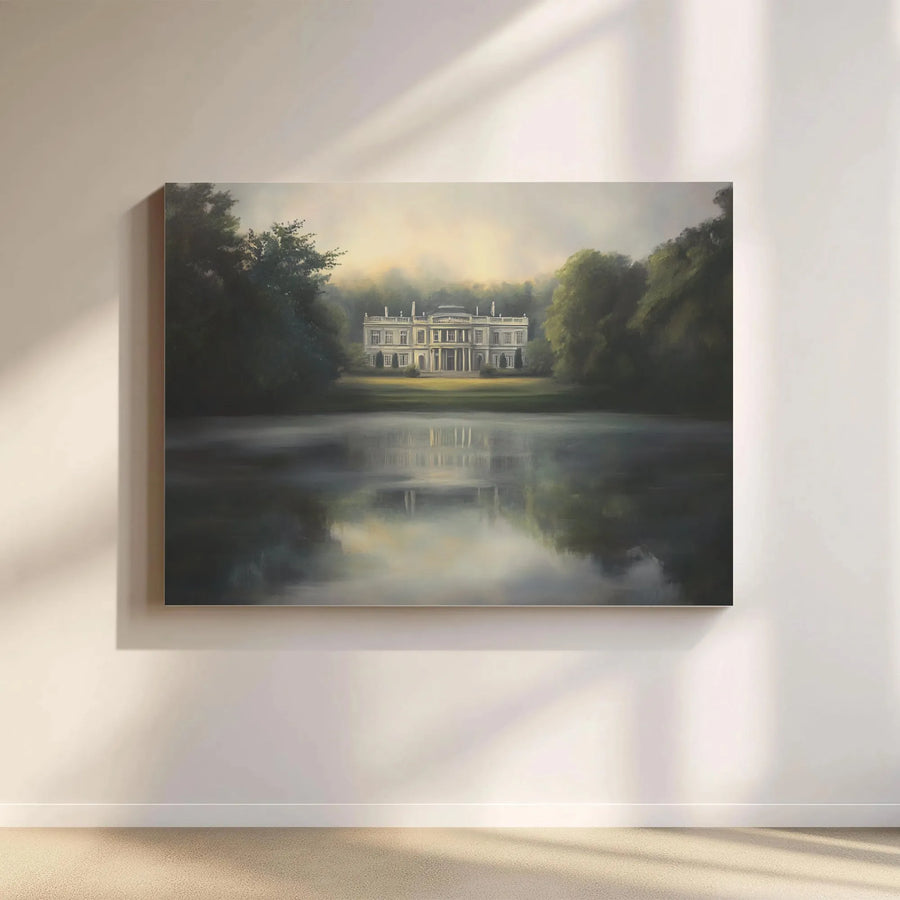 Stately Manor Landscape Canvas | Misty Lake Reflections Wall Art | Premium Fade-Resistant Print | Elegant Home & Office Decor