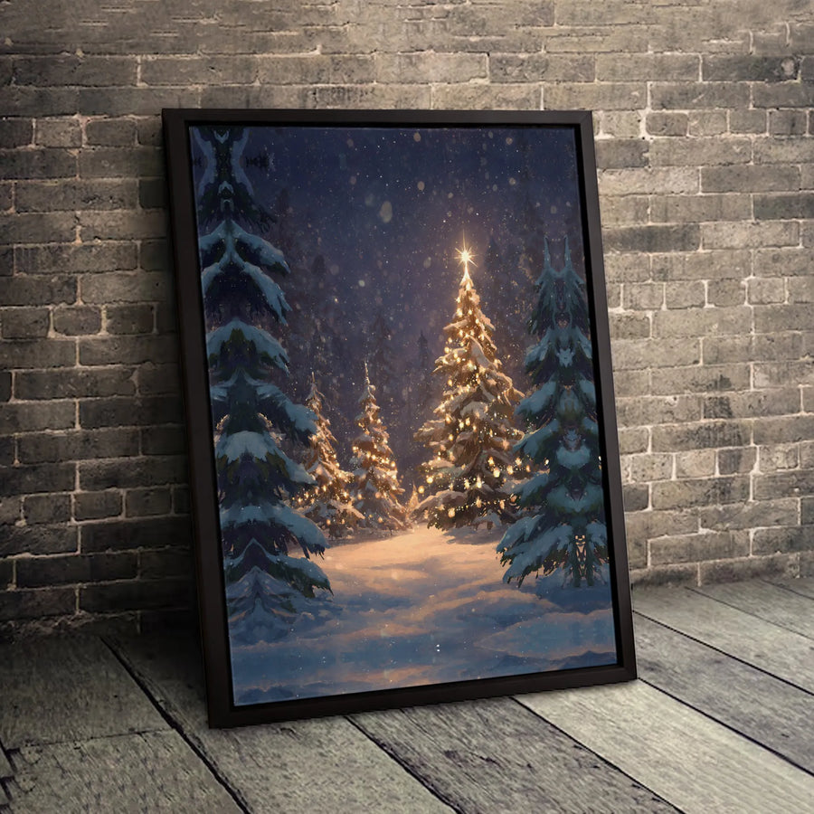 Christmas Tree Canvas Wall Art | Snowy Winter Forest Landscape | Premium Gallery Wrapped Print | Holiday Home Decor Gift for Living Room