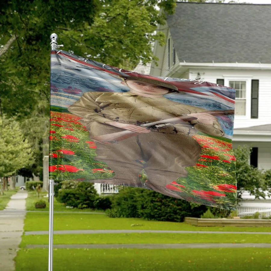 Remembrance Day Soldier House Flag | Lest We Forget Poppy Field Art | Weather-Resistant Polyester | Patriotic Outdoor Decor Gift for Veterans