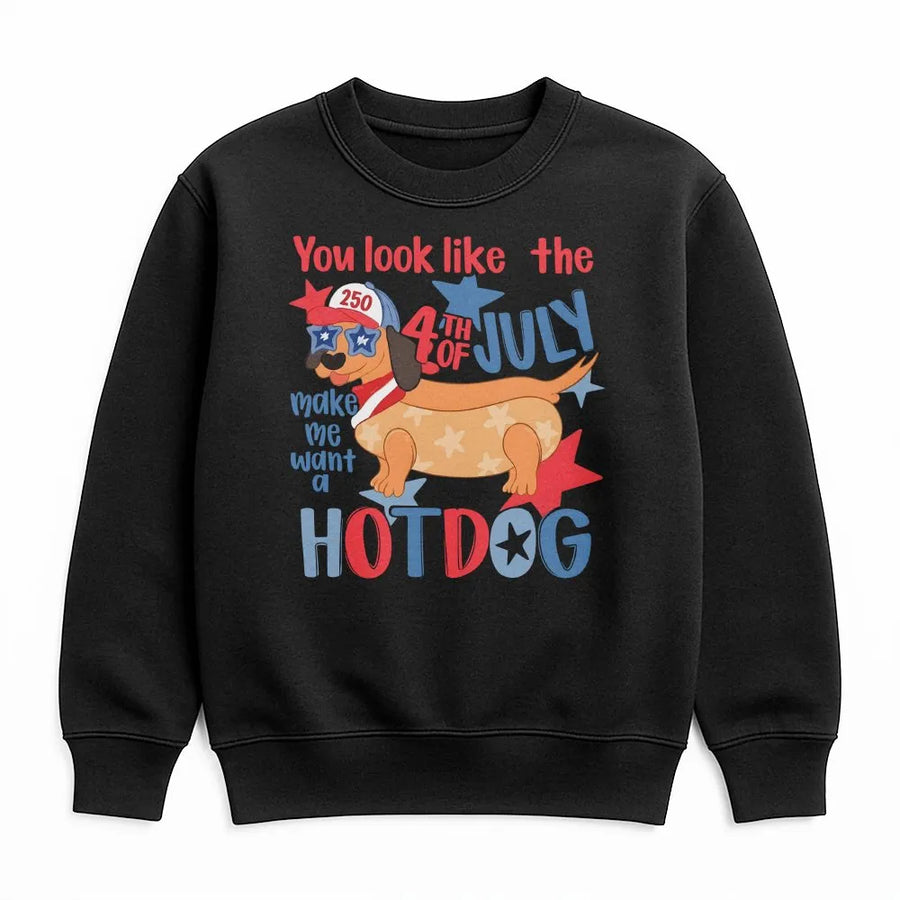 Funny 4th of July Sweatshirt | Patriotic Dachshund Hot Dog Pun Graphic | Soft Cotton-Poly Blend | Unisex Independence Day Gift for Dog Lovers
