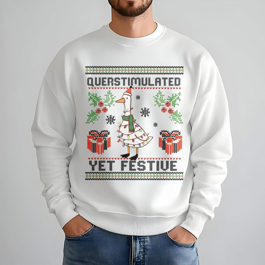Overstimulated Yet Festive Goose Sweatshirt | Funny Christmas Bird Graphic | Soft Cotton-Blend Crewneck | Quirky Holiday Gift For Duck Lovers