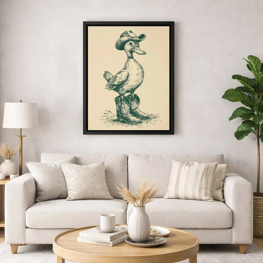 Cowboy Duck Canvas Art | Whimsical Western Sketch Print | Premium Gallery-Wrapped Wall Decor | Unique Farmhouse Gift for Animal Lovers