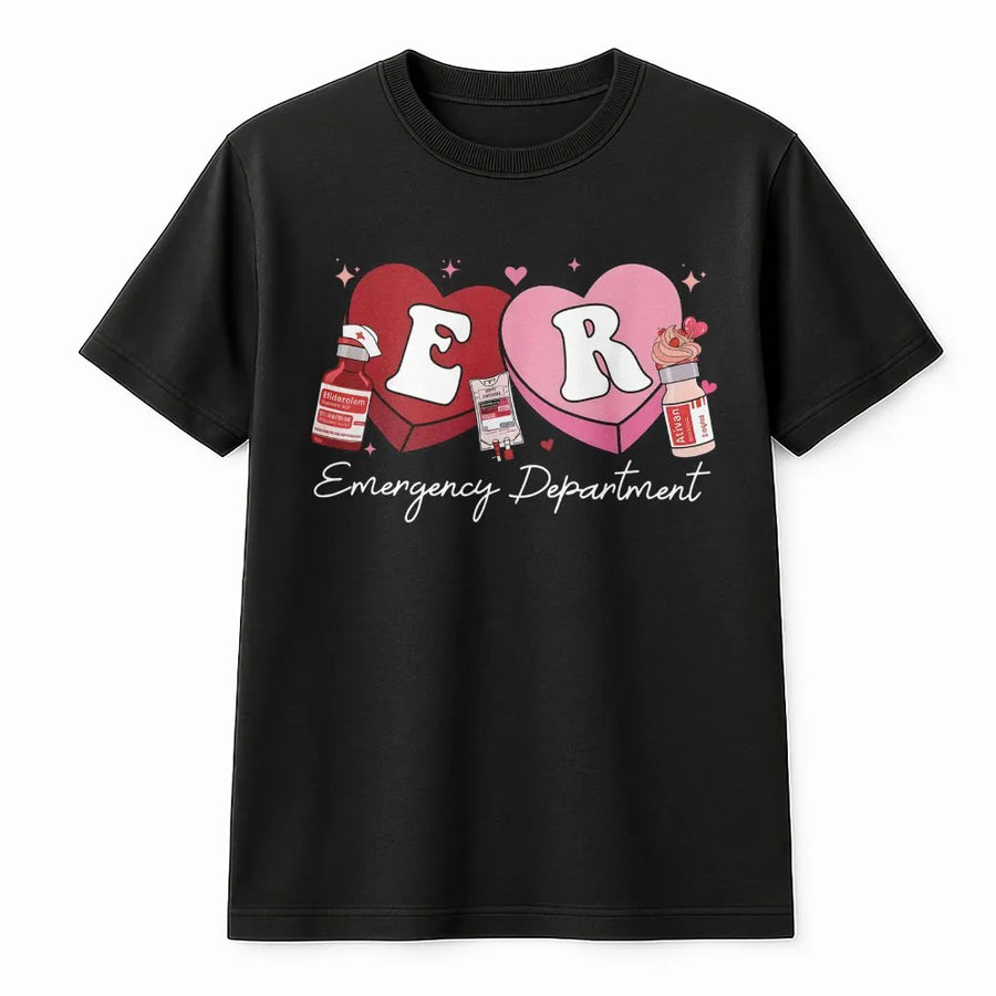 ER Candy Heart T-Shirt | Medical Valentine Graphic Tee | Soft Cotton Nurse Gift | Emergency Department Crewneck Apparel