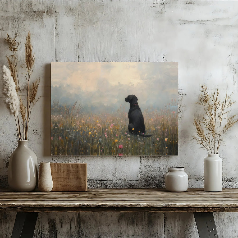 Black Labrador Canvas Wall Art | Impressionist Wildflower Field Painting | 1.25-Inch Gallery Wrap Premium Print | Dog Lover Home Decor Gift