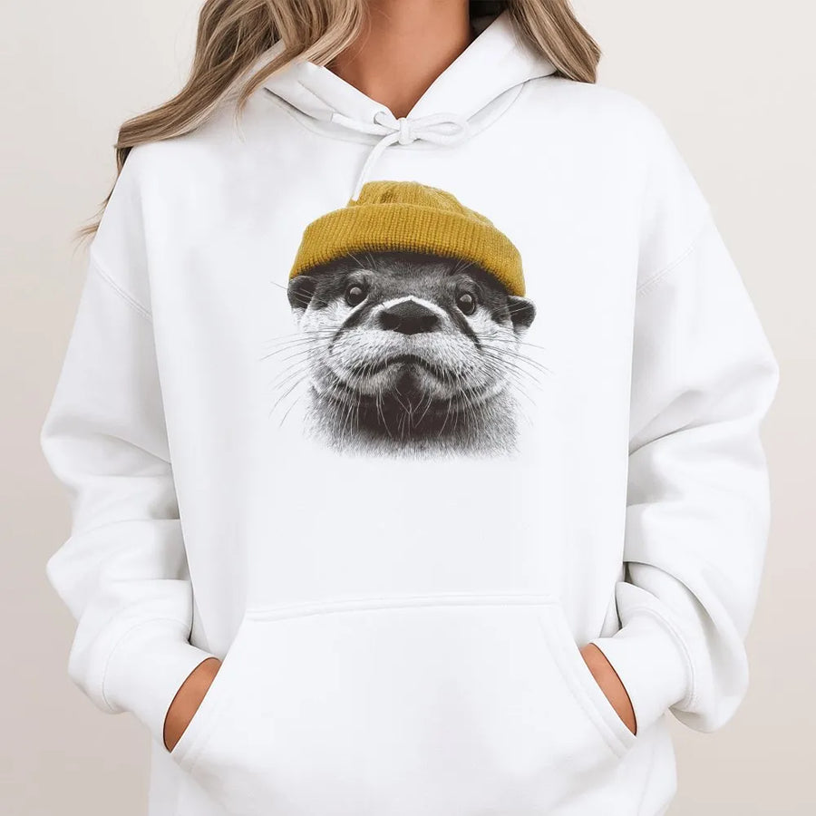 River Otter Hoodie | Cute Animal Wearing Mustard Beanie Design | Premium Cotton Blend Sweatshirt | Unique Wildlife Gift for Men and Women