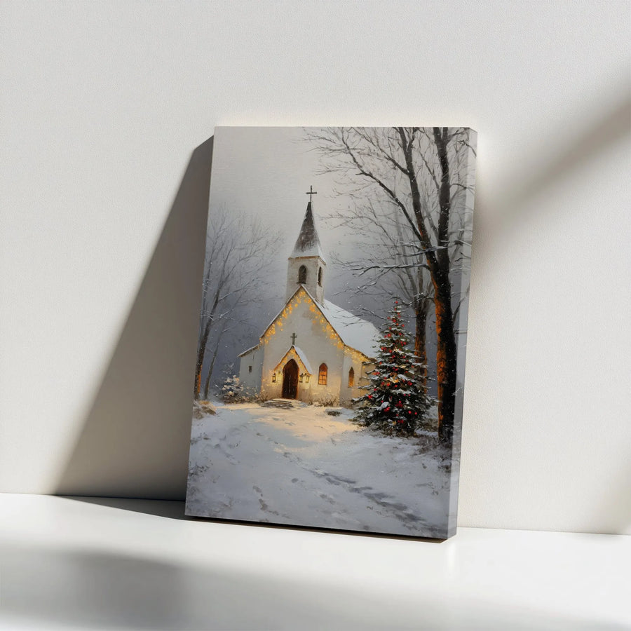 Snowy Country Church Canvas | Christmas Winter Landscape Wall Art | Gallery Wrapped Premium Decor | Ready to Hang Holiday Home Gift