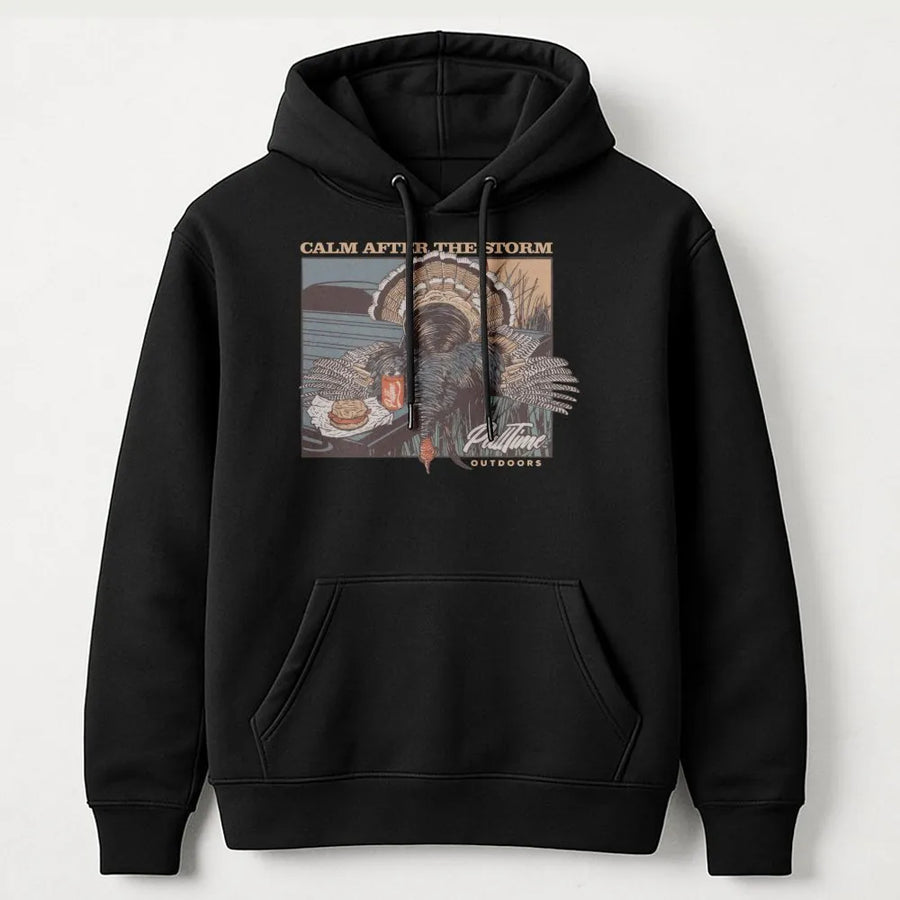 Turkey Hunting Hoodie | Calm After The Storm Graphic | Cotton-Blend Premium Apparel | Gift for Outdoorsmen and Hunters