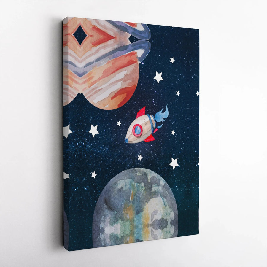 Rocket Ship Space Canvas Art | Watercolor Galaxy Nursery Wall Decor | Gallery Wrapped Premium Print | Perfect Gift for Kids Astronomy Lovers