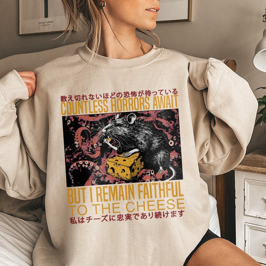 Rat Horror Graphic Sweatshirt | Japanese Text Cheese Design | Premium Cotton Blend | Unisex Streetwear Gift for Weirdcore Aesthetic Fans