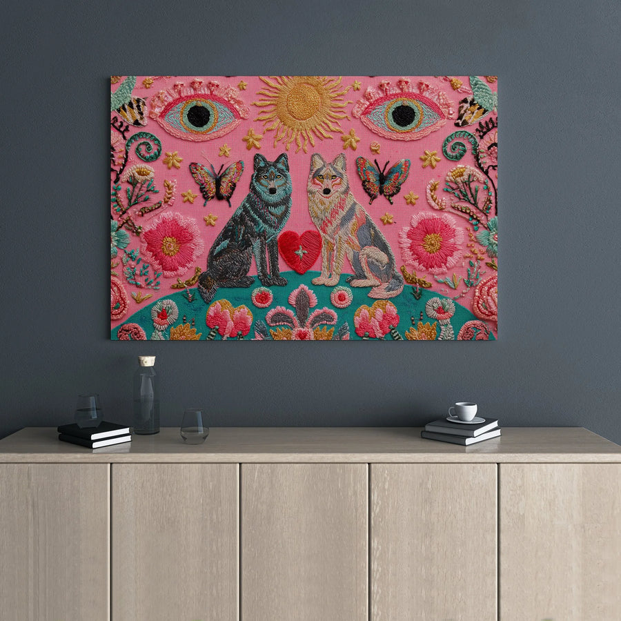 Wolf Wall Art | Whimsical Folk Art Botanical Print | Premium Gallery-Wrapped Canvas | Mystical Animal Decor Gift for Nature Lovers