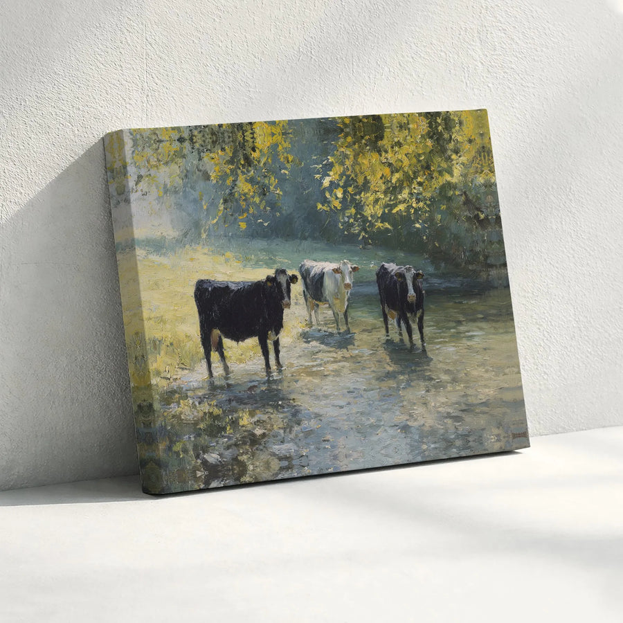 Cows in Stream Canvas Wall Art | Impressionist Farmhouse Landscape | Premium Gallery Wrapped Print | Rustic Country Home Decor Gift