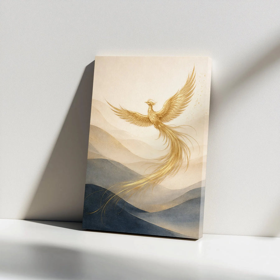 Golden Phoenix Canvas Print | Abstract Mythical Bird Wall Art | Premium Thick Gallery Wrap | Modern Living Room Decor Gift