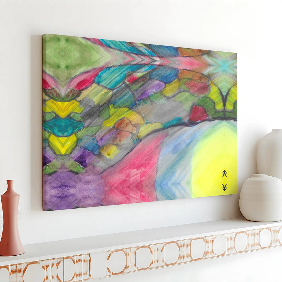 Abstract Watercolor Horizontal Canvas Wall Art | Vibrant Symmetrical Kaleidoscope Design | Premium 1.25" Stretched Gallery Wrap | Modern Living Room Decor Gift