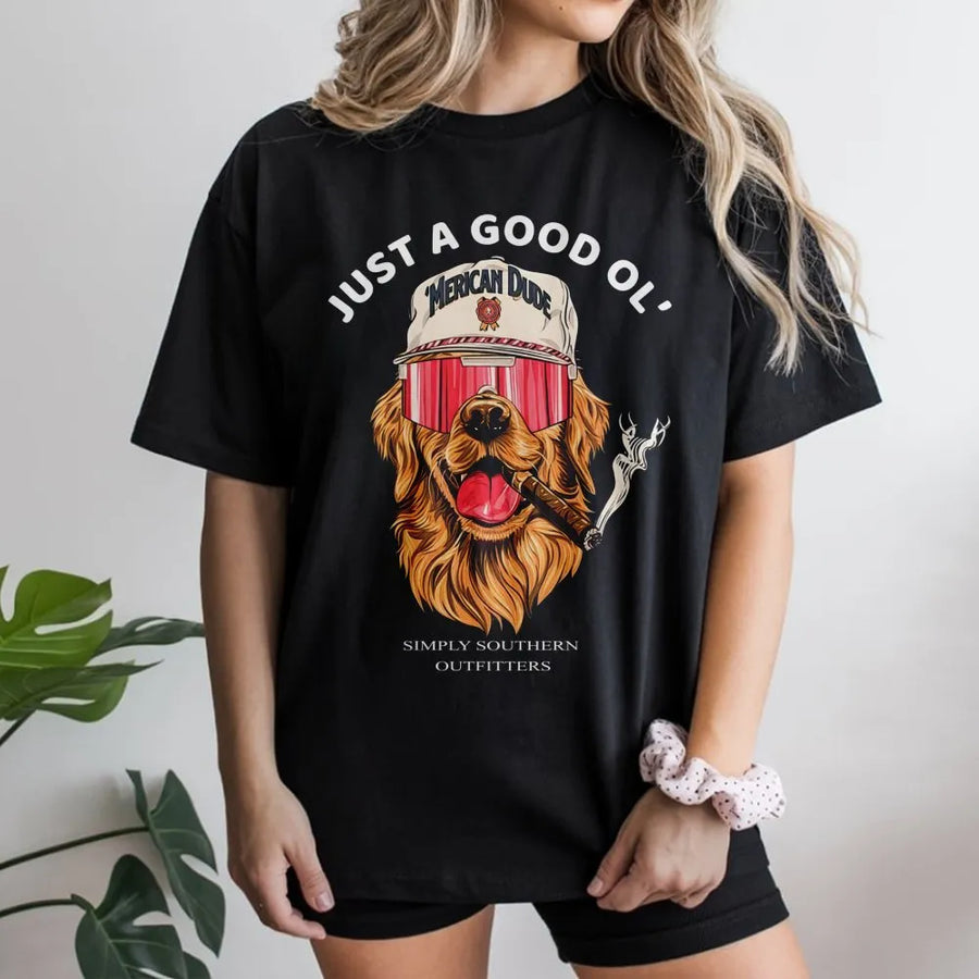 Golden Retriever Graphic T-Shirt | Funny Cigar Smoking Dog Retro Design | 100% Premium Cotton Soft Tee | Patriotic Gift for Dog Lovers
